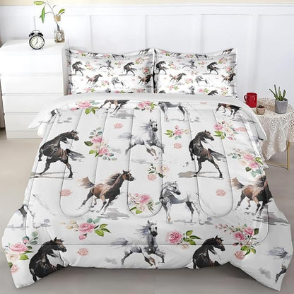 Twin Size Comforter Set with Pillowcase, Horses Soft 2 Pcs Bedding for Kids and Adults, Pink Rose Flower Comforter Set for Room Bedroom Bed Decor