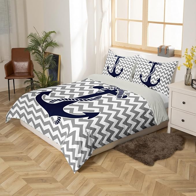 Nautical Anchor Duvet Cover Queen Size,Geometric Gray Stripe Bedding Set for Kids Teens Adults Room Decor,Ocean Adventure Comforter Cover Modern Abstract Quilt Cover No Down Filling,2 Pillowcases