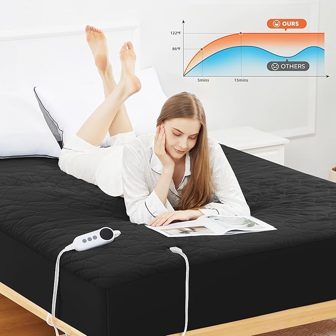 MASVIS Heated Mattress Pad Twin Size - 6 Heat Settings & 10-Hour Auto Off, Quilted Electric Bed Cover, Bed Warmer with Deep Pocket | Fast Heating | Machine Washable,Black,39"x75"