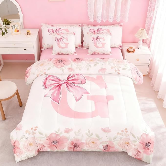 Erosebridal Initial Letter G Bed in A Bag Pink Kawaii Bow Bedding Sets for Girls Twin Size, Colorful Flower Floral Comforter Set with Sheets Fresh Style Light Pink White Bed Set Bedroom Decor