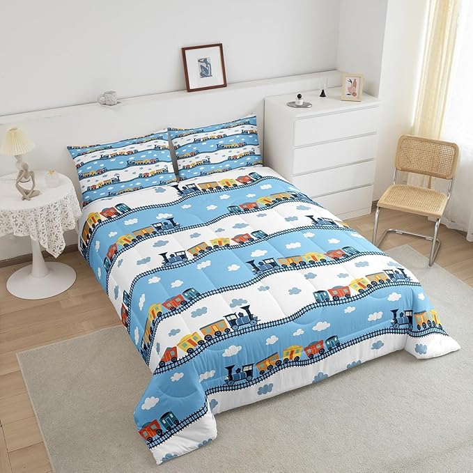 Erosebridal Kids Locomotive Train Comforter Set King,Cute Steam Engine Truck Bedding Sets for Boys Girls Blue White Clouds Duvet Insert Railway Car Vehicles Down Comforter with 2 Pillowcases