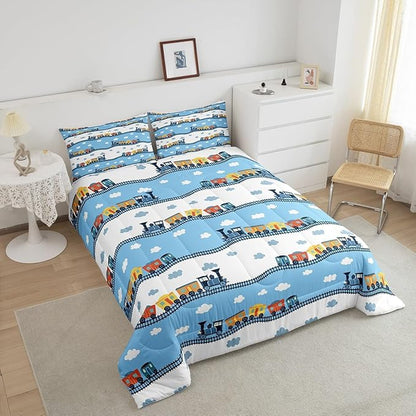 Erosebridal Kids Locomotive Train Comforter Set King,Cute Steam Engine Truck Bedding Sets for Boys Girls Blue White Clouds Duvet Insert Railway Car Vehicles Down Comforter with 2 Pillowcases