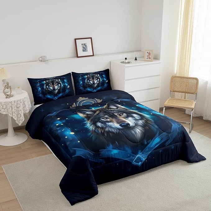 Feelyou Wolf Comforter Set Full Animal Wolves Comforter for Boys Girls Teens Mountain Moon Wolf Bedding Set Breathable Blue Duvet Set Room Decor Quilt Set