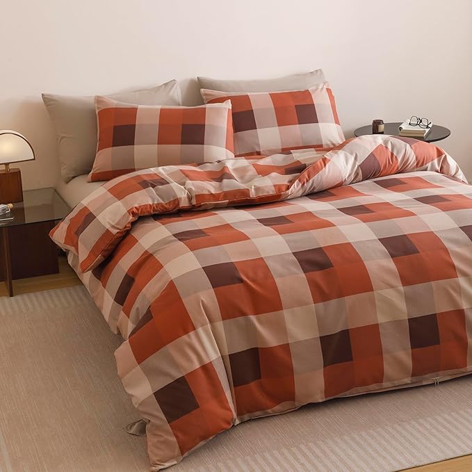 Wellboo Red Plaid Comforter Sets Twin Size Taupe and Orange Grid Bedding Comforters Modern Minimalist Checkered Quilt Blankets Women Men Beige Checkerboard Bedding Soft Luxurious Brown Geometric Bed