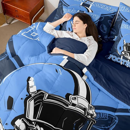 Feelyou Football Comforter Set with Sheets 7 Piece King Size Ball Games Bedding Set for Kids Boys Girls Rugby Bed in a Bag City of Footballs Room Decor Rugby Sports Soft Lightweight