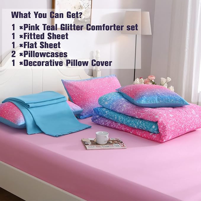 6Pcs Glitter Comforter Set with Sheets for Teens Girls Kids, Colorful Gradient Glitter Themed Bed in a Bag Full Size, Pink Teal 3D Sparkly Galaxy Bedroom Decor Bedding Set