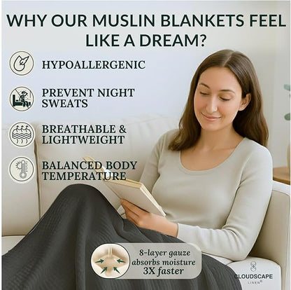 Cloud Scape Linen Extra Large 8 Layer Muslin Throw Blanket - 100% Cotton Gauze, Soft and Breathable, Winter Blanket for Couch, Sofa and Bed, Idea, 50x70, Dark Grey