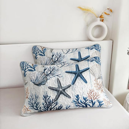 Starfish Coastal Bedding Quilt Sets Twin Size,Summer Shell Blue Coral Nautical Bedding Quilt with 2 Pillowcases,Beach Themed Soft Lightweight Quilted Set.