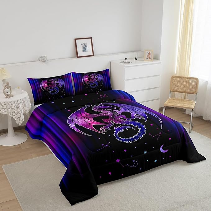 Feelyou Dragon Comforter Set Gradient Ombre Teens Women Bedding Set for Kids Boys Girls Galaxy Dragon Decor Comforter Exotic Trippy Quilt Set 3Pcs Queen Size