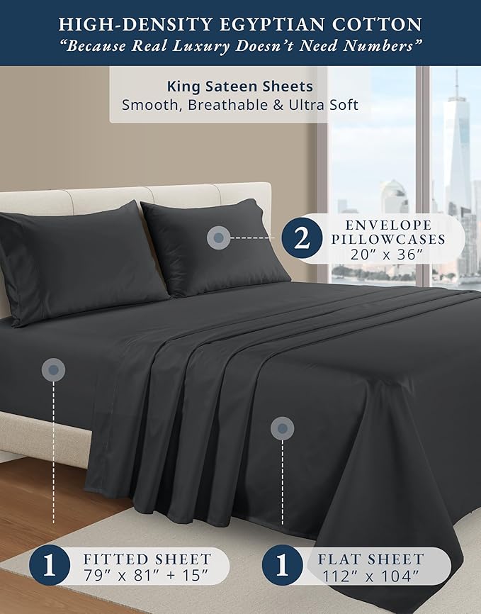LANE LINEN 100% Egyptian Cotton Sheets King Size, Fully Elasticized Reinforced Seams Extra Deep Pocket King Sheet, No Pill Fade Resistant Cooling Sheets King Size - Moonless Night