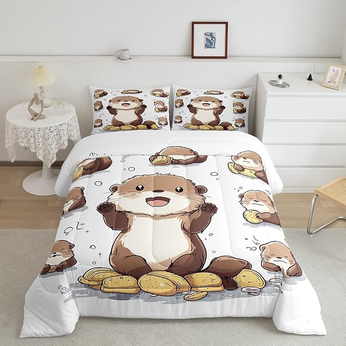 Cute Otter Comforter Set Cartoon Lovely Wild Animal Bedding Sets for Kids Boys Girls Teens Black Bubble Graffiti Hippie Rustic Style Comforter Duvet Set with 1 Pillowcase Twin Size 2 Pcs