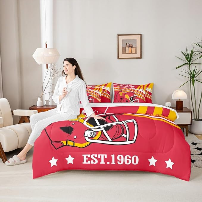 Football Lovers King Bedding Sets, Football Sports Decor Comforter Set Red And Yellow Football Rugby Helmet Comforter + Flat Sheet + Fitted Sheet + 2 Pillowcases + 2 Throw Pillow Covers (Kansas)