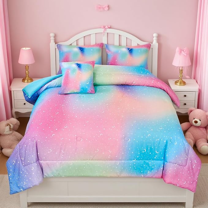 URBONUR 6Pcs Rainbow Comforter Set for Girls Full Size Multi-Color Pink Blue Green Tie Dye Soft All Season Kids Bedding Bed in A Bag Set