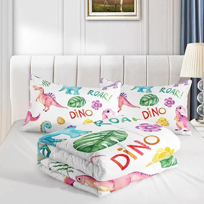 Cartoon Dinosaur Comforter Set Full 3Pc Kawaii Dinosaur Bedding Set All Season with Tree, Leaf Decoration Includes 1 Comforter, 2 Pillowcases for Kids Girls Teens