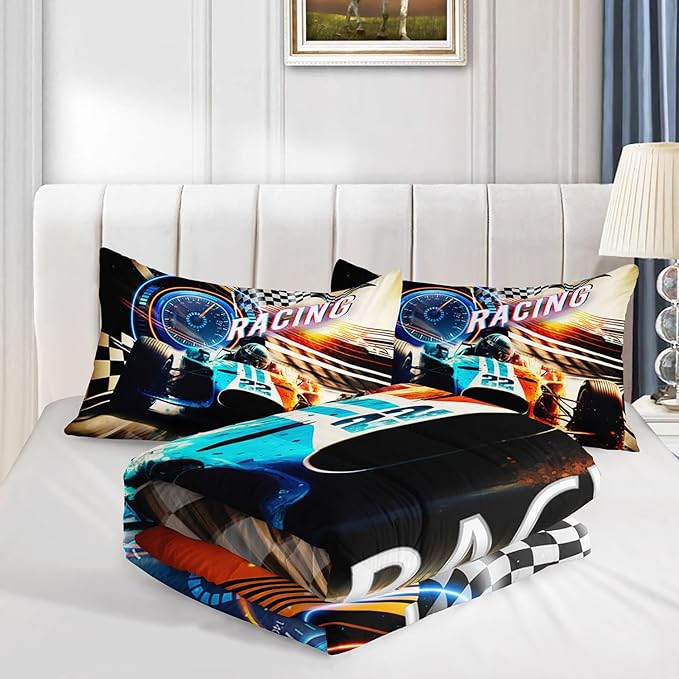Kids Comforter Set Racing Theme Printed Pattern Bedding Set with 1 Comforter and 2 Pillowcases for Girls Boys Bedroom All Season(D-Racing Theme Full)