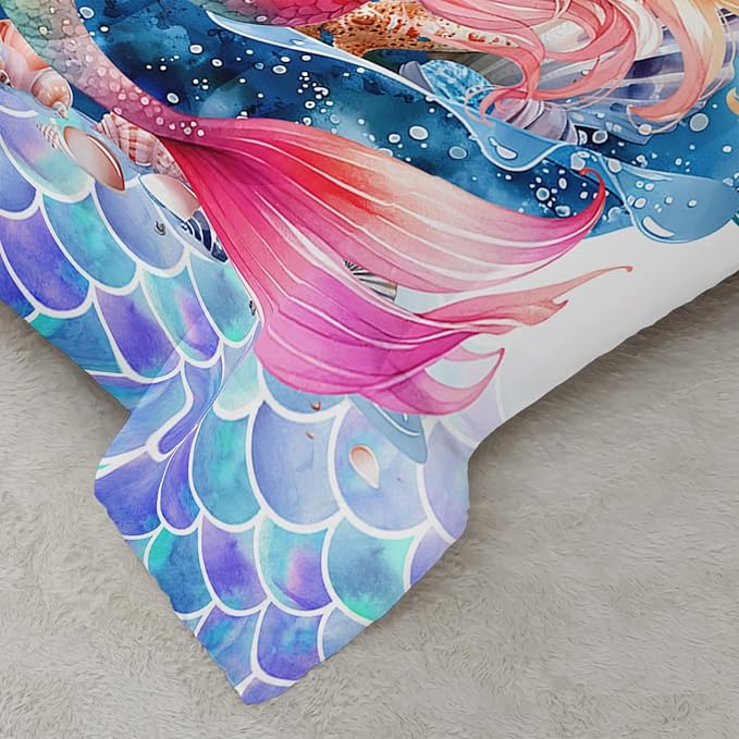 Mermaid Comforter Set Full Size, Cute Mermaid Conch Sea Shell Bedding Set with Fish Scale Design for Kids Girl, Ocean Theme Duvet Set with 2 Pillowcases