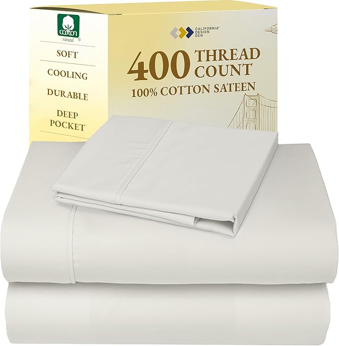 California Design Den Soft Twin Sheets Set - 400 Thread Count Sateen, Natural 100% Cotton Sheets, Deep Pockets, and Durable Bedding Set for Dorm Rooms & Adults - Ivory (Pale Tone)