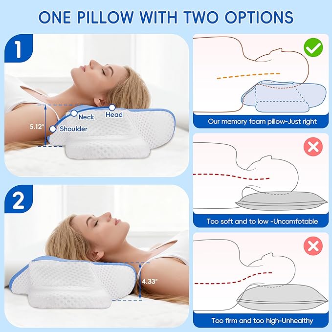 Cervical Neck Pillow for Pain Relief, Ergonomic Contour Pillow for Sleeping, 2 Heights Cooling Pillow for Neck and Shoulder Support, Memory Foam Orthopedic Pillow for Side Back Stomach Sleepers Blue