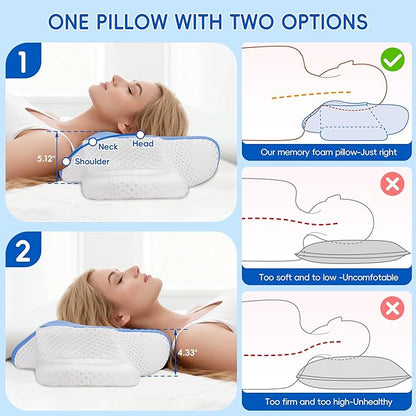 Cervical Neck Pillow for Pain Relief, Ergonomic Contour Pillow for Sleeping, 2 Heights Cooling Pillow for Neck and Shoulder Support, Memory Foam Orthopedic Pillow for Side Back Stomach Sleepers Blue