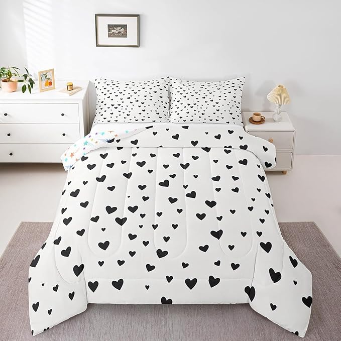 Feelyou Heart Shaped Comforter Set for Girls Boys Kids Toddler Size Soft Kawaii Comforter Room Decor Love Bedding Set Black White Duvet Set