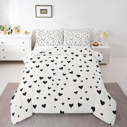 Feelyou Heart Shaped Comforter Set for Girls Boys Kids Toddler Size Soft Kawaii Comforter Room Decor Love Bedding Set Black White Duvet Set
