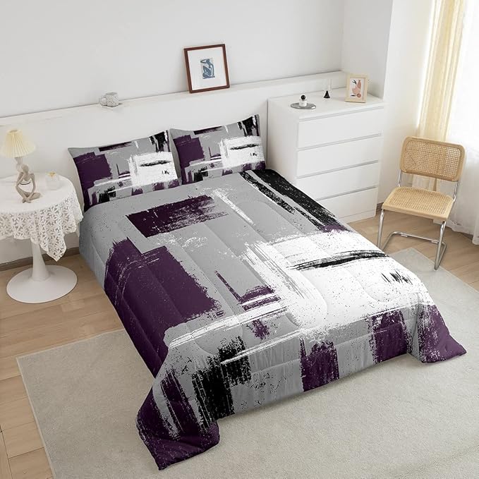 Feelyou Abstract Bedding Set Comforter Set for Kids Boys Children Modern Abstract Art Comforter Ultra Soft Decor Purple Grey White Duvet Set Twin Size