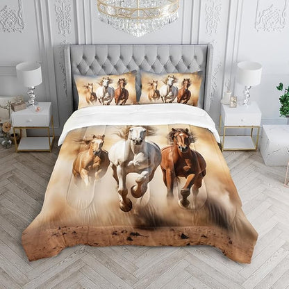 Kid Galloping Horse Comforter Set Queen Animal Theme Handsome Horse Bedding Set Wild Animal Grey Sky Sand Decor Quilt Bed Set for Boys Girls Adult, 1 Comforter + 2 Pillowcases