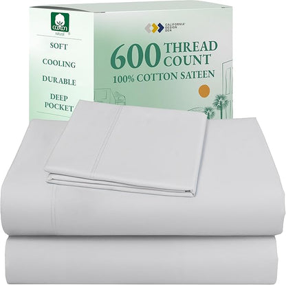California Design Den Hotel Quality Twin Size Sheets Set - Luxury 600 Thread Count Sateen, Natural 100% Cotton, Fully Elasticized Deep Pocket Twin Sheets Set Cotton, Cool and Durable - Light Silver