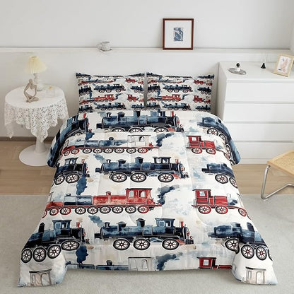 Vintage Steam Train Kids Comforter Set - Locomotive Print Retro Car King Bedding Sets - Cartoon Railway Vehicles Bed Set Colorful Steam Engine Train Duvet Insert Gifts For Kids Boys Home Decor