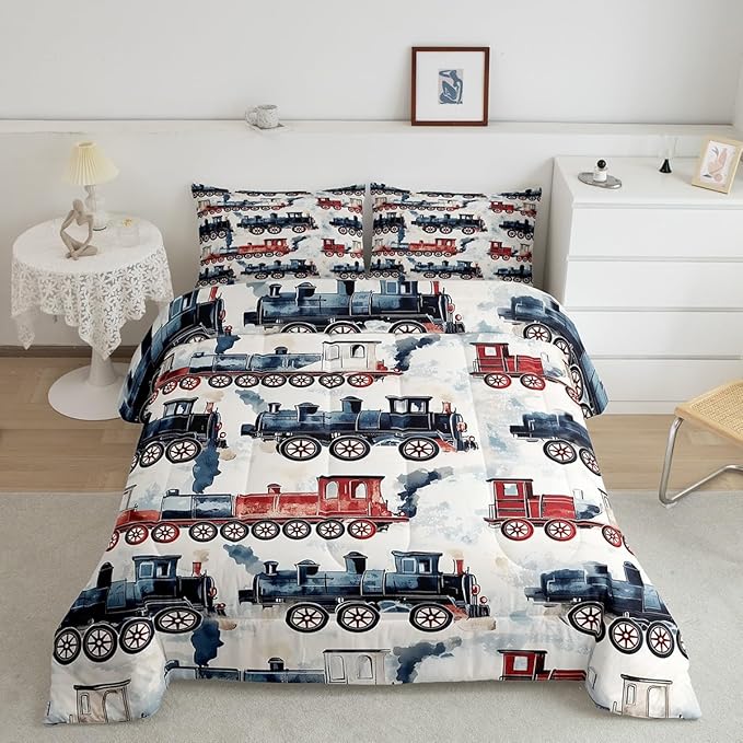 Vintage Steam Train Kids Comforter Set - Locomotive Print Retro Car Twin Bedding Sets - Cartoon Railway Vehicles Bed Set Colorful Steam Engine Train Duvet Insert Gifts For Kids Boys Home Decor