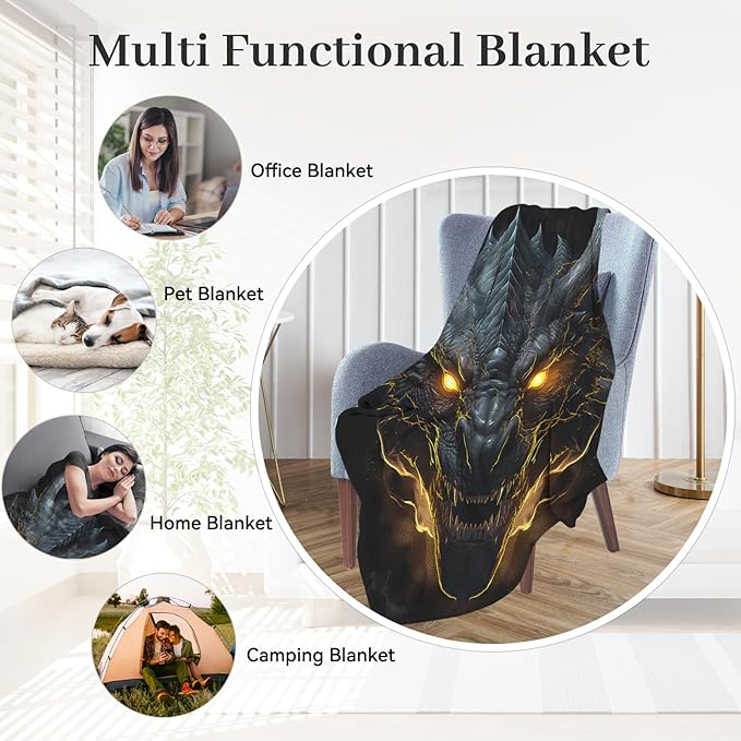 Huke plush Dragon Throw Blanket, Cool black/gold dragon, 50"x40", Ideas for Men/Women/Teens/Kids%%Boys/Girls, Gifts for Dragon Lovers