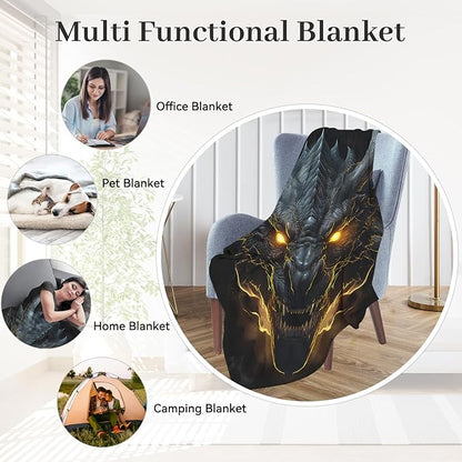 Huke plush Dragon Throw Blanket, Cool black/gold dragon, 50"x40", Ideas for Men/Women/Teens/Kids%%Boys/Girls, Gifts for Dragon Lovers