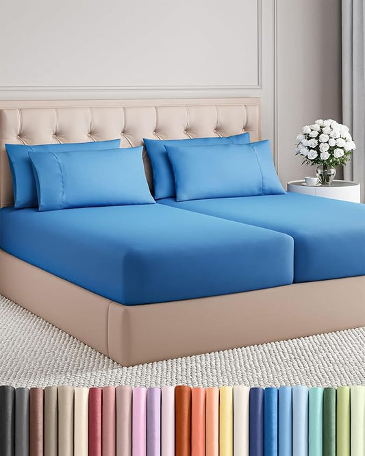 Split King 7 Piece Sheet Set - Comfy Breathable & Cooling - Soft Hotel Luxury Bedding Set with 8-16 Inch Deep Pockets - 1 Flat & 2 Fitted Sheet & 4 Pillowcases - Wrinkle Free & Easy Care - Royal Blue