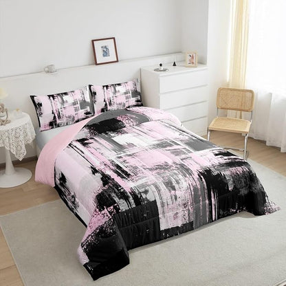 Feelyou Pink Grey Abstract Duvet Quilt Full Size Geometric Bedding Set for Kids Boys Girls Decor Modern Comforter Set Breathable Soft Lightweight Microfiber Buffalo Check Bedroom Decor Bedclothes