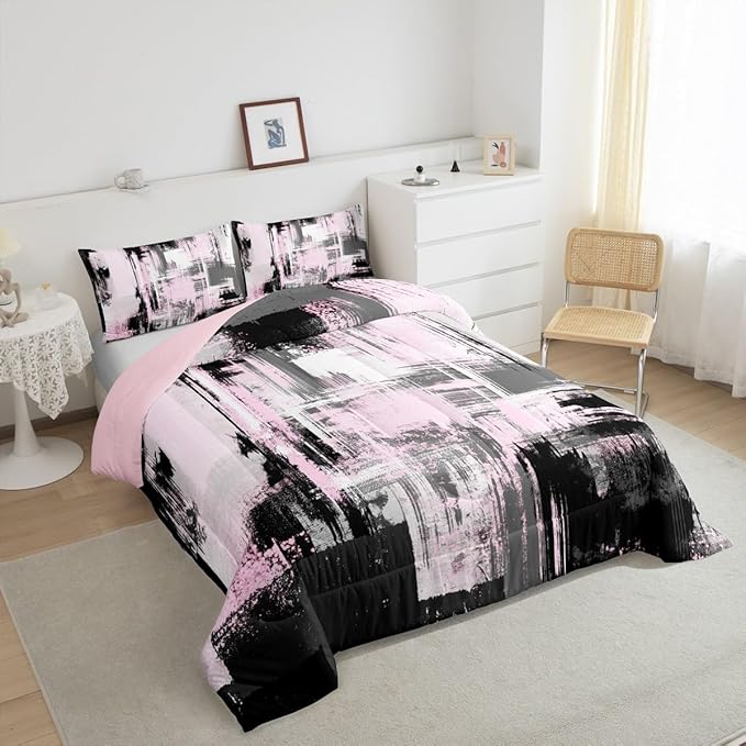Feelyou Pink Grey Abstract Duvet Quilt Toddler Size Geometric Bedding Set for Kids Boys Girls Decor Modern Comforter Set Breathable Soft Lightweight Microfiber Buffalo Check Bedroom Decor Bedclothes