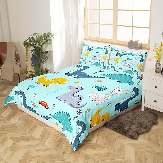 Cute Car Kids Bedding Set King Size for Teens,Cartoon Dinosaur Rainbow Sketch Blue Comforter Cover with 2 Pillowcases,Kawaii Dino Colorful Wild Animal Duvet Cover Set Microfiber Quilt Cover