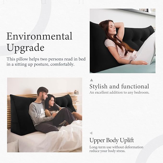 Headboard Pillow - 3 in 1 Large Bed Pillow as Wedge Reading Pillow, Large Couch Daybed Pillow or Positioning Support Backrest Back Cushion for Sitting in Bed Velvet Full Black
