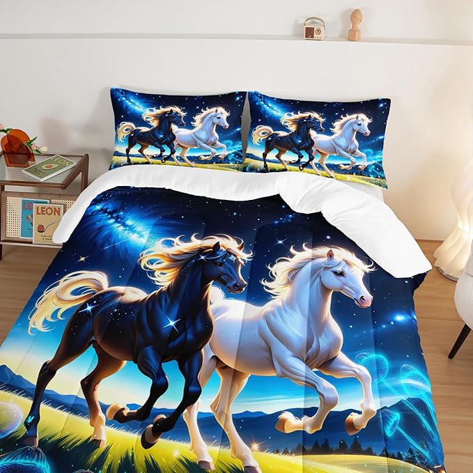 Western Bedding Sets Queen Size,Farmhouse Animal Theme Prairie Galloping Horse Comforter Set for Kids Girls Boys Room Decor,Dreamy Starry Sky Background Bedding Set with 2 Pillowcases.