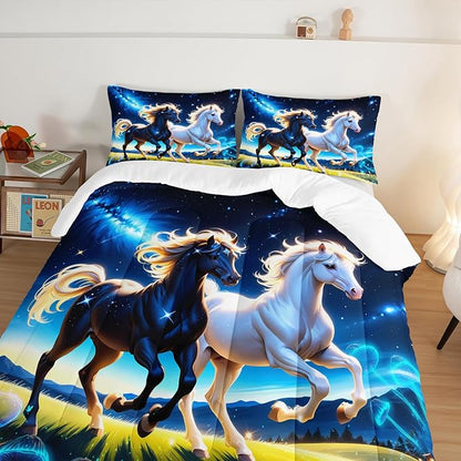 Western Bedding Sets King Size,Farmhouse Animal Theme Prairie Galloping Horse Comforter Set for Kids Girls Boys Room Decor,Dreamy Starry Sky Background Bedding Set with 2 Pillowcases.