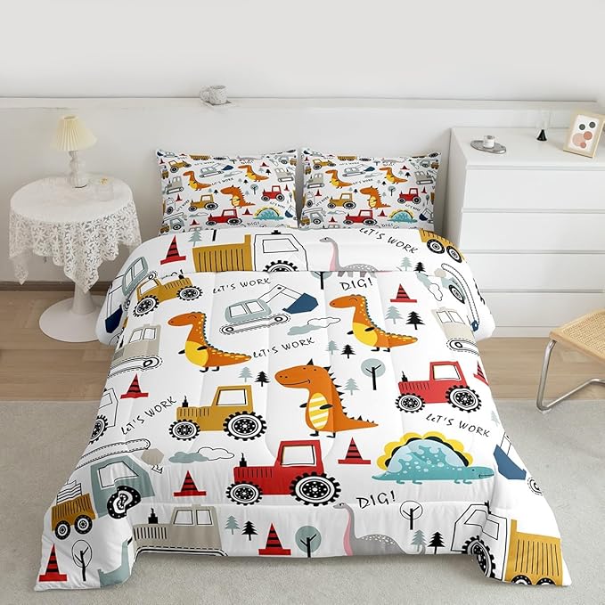 Feelyou Construction Comforter Set Kids Cartoon Dinosaur Comforter Cover Set for Boys Equipment Trucks Bedding Set Construction Vehicles Kawaii Jungle Dino Duvet Set Room Decor Quilt Set King Size