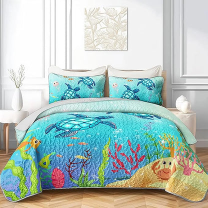 Coastal Turtle Quilts Bedding Set Twin Size 3Pcs Ocean Watercolor Sea Turtle Quilt Bed Set Beach Nautical Sea Animal Reptile Bedspreads Coverlet with 2 Pillowcases for All Season Kids Room Decor