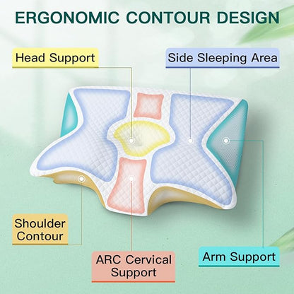 Memory Foam Cervical Pillow, 2-in-1 Ergonomic Neck Support Pillow with Armrest & Ear Hole, Contour Orthopedic Bed Pillow for Pain Relief, Adjustable Height for Side, Back & Stomach Sleepers