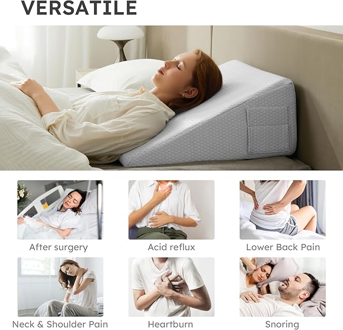 Bedluxe Wedge Pillow, 10 inch Bed Wedge Pillow for Headboard, Pillow Wedge for Acid Reflux Relief, Sleeping, After Surgery, Snoring, Gerd, Triangle Pillow Wedge - Cooling Memory Foam Top, Light Grey