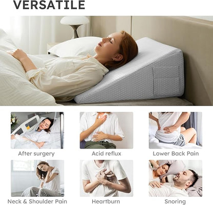 Bedluxe Wedge Pillow, 10 inch Bed Wedge Pillow for Headboard, Pillow Wedge for Acid Reflux Relief, Sleeping, After Surgery, Snoring, Gerd, Triangle Pillow Wedge - Cooling Memory Foam Top, Light Grey