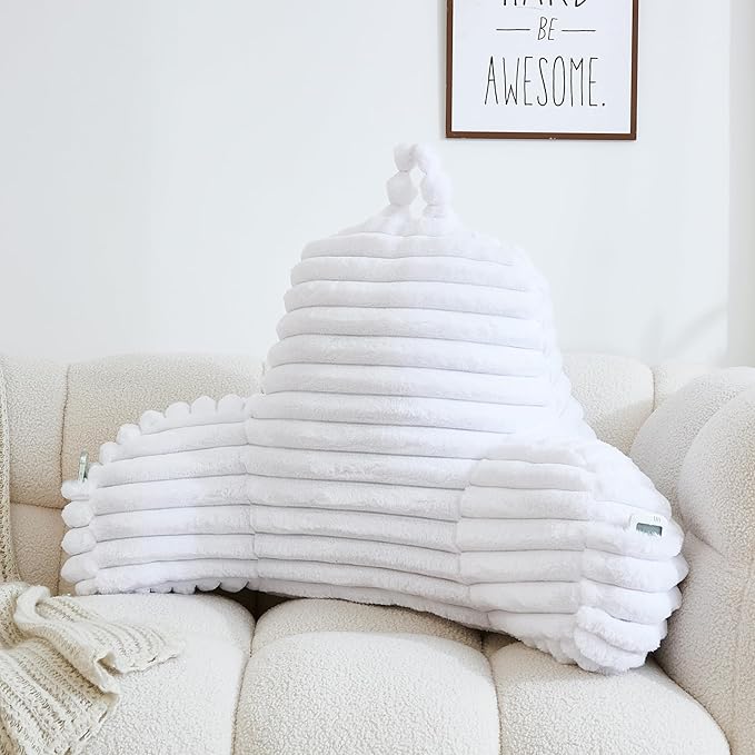 WERDIM Reading Pillow for Sitting in Bed, Faux Fur Back Pillow for Rest, Bed Chair Pillow with Arms and Pockets(XLarge, White)