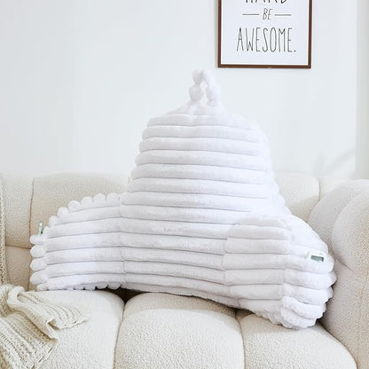 WERDIM Reading Pillow for Sitting in Bed, Faux Fur Back Pillow for Rest, Bed Chair Pillow with Arms and Pockets(XLarge, White)