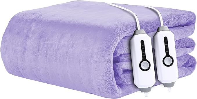 Electric Heated Blanket 90"x100" King Size - 4 Heat Settings & Dual Controllers, 10H Auto Shut Off, Ultra-Soft Coral Fleece Heated Blanket with Overheat Protection, Light Purple