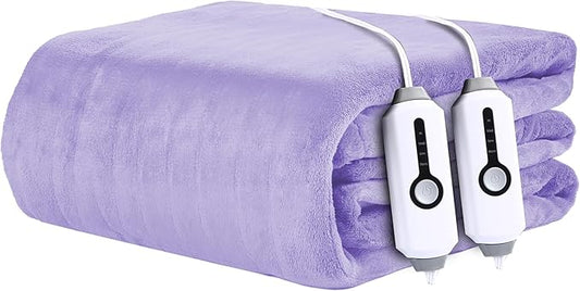 Electric Heated Blanket 90"x100" King Size - 4 Heat Settings & Dual Controllers, 10H Auto Shut Off, Ultra-Soft Coral Fleece Heated Blanket with Overheat Protection, Light Purple