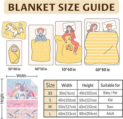 Custom Unicorn Blanket for Girls with Name, 40 x 30 Inches Soft Fuzzy Blanket for Unicorn Lovers, Cozy Pink Unicorn Princess Warm Flannel Throw Blanket for Sofa Room Decor, Travel, Chair