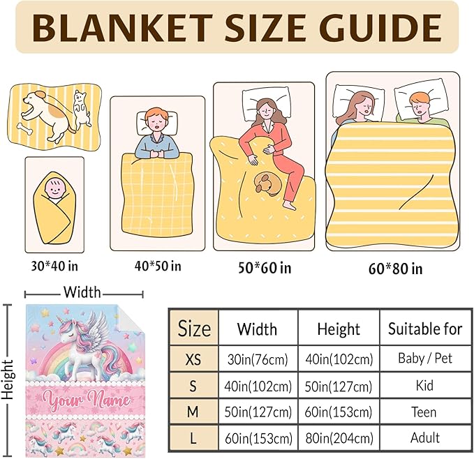 Custom Unicorn Blanket with Name, 60 x 50 Inches Warm Soft Rainbow Unicorn Blanket for Kids, Unicorn Lovers, Cozy Lightweight Flannel Throw Blanket for Bed Sofa Room Decor, Living Room